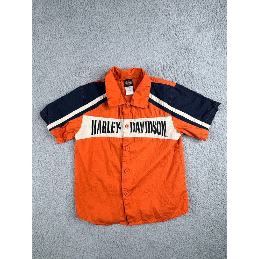 Harley Davidson Button Up Shirt Boys Size 6 Orange Black Colorblock Short Sleeve